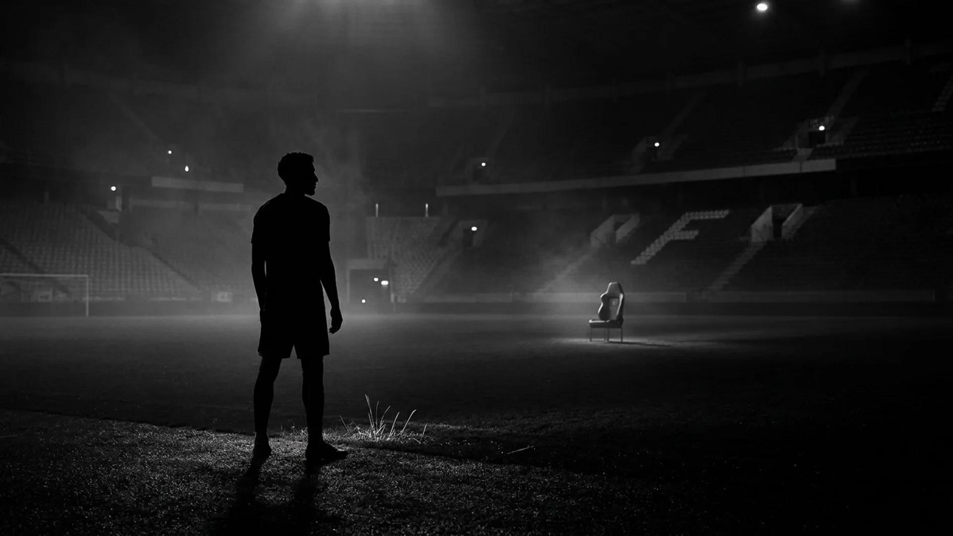En ensom fotballspiller står på et mørkt stadion med sterke kontraster av lys og skygge.