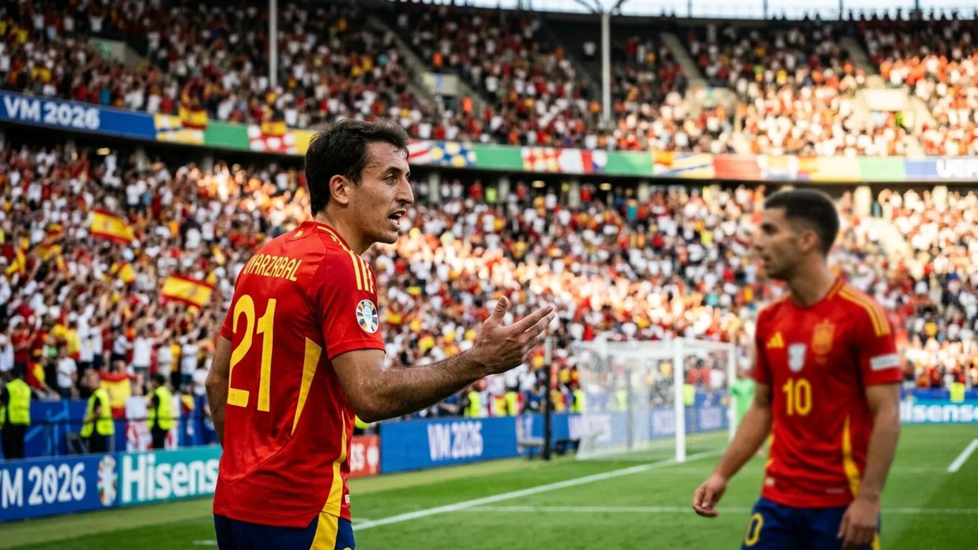 Mikel Oyarzabal engaged in a candid conversation on the pitch at a vibrant stadium.