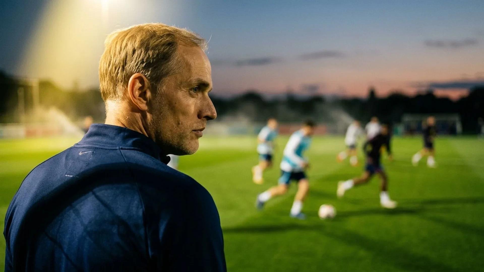 Thomas Tuchel is seen from behind, observing his team's training session with a focused expression.