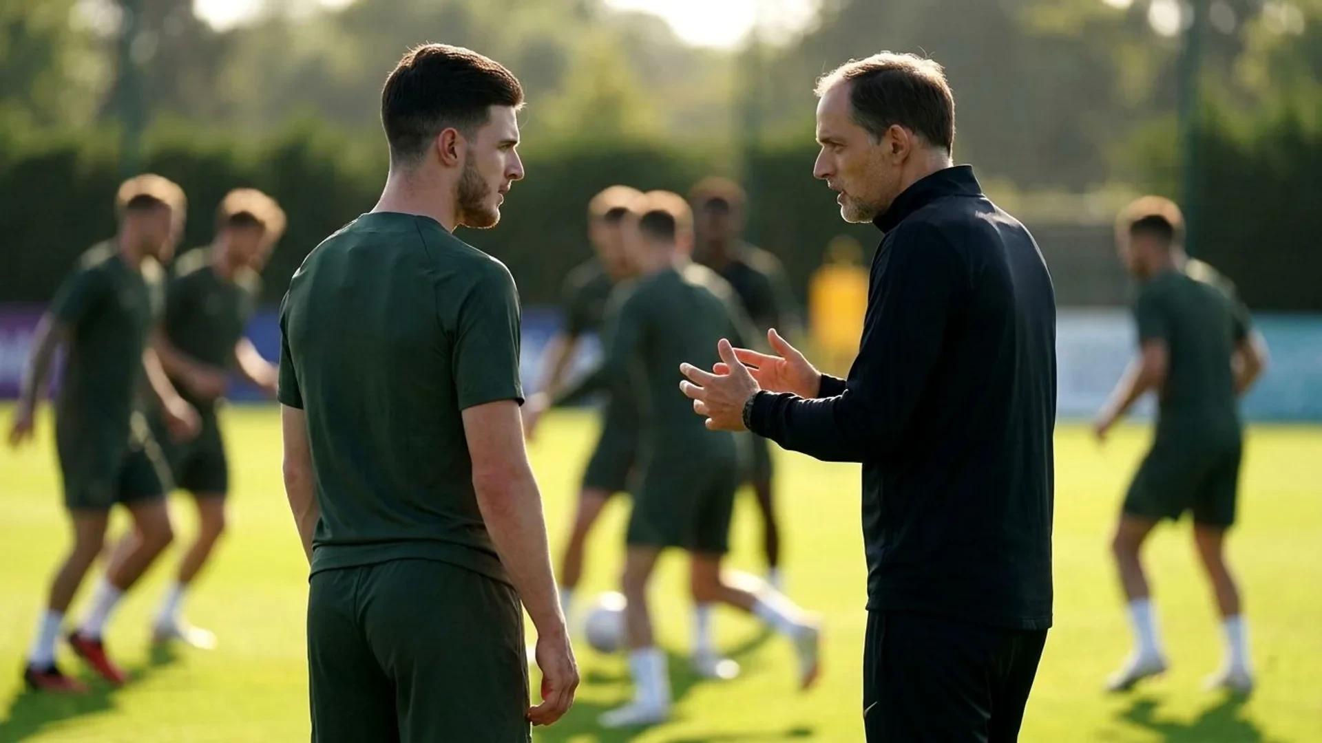 Over-the-shoulder view of Declan Rice and Thomas Tuchel discussing tactics during training.