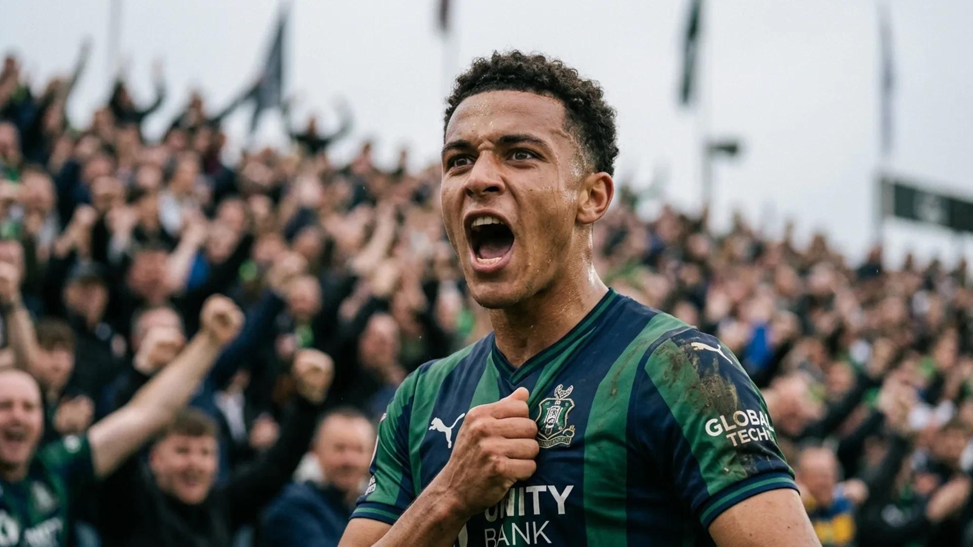 En nærbilde av en fotballspiller som viser intensitet og glede etter å ha scoret et mål.