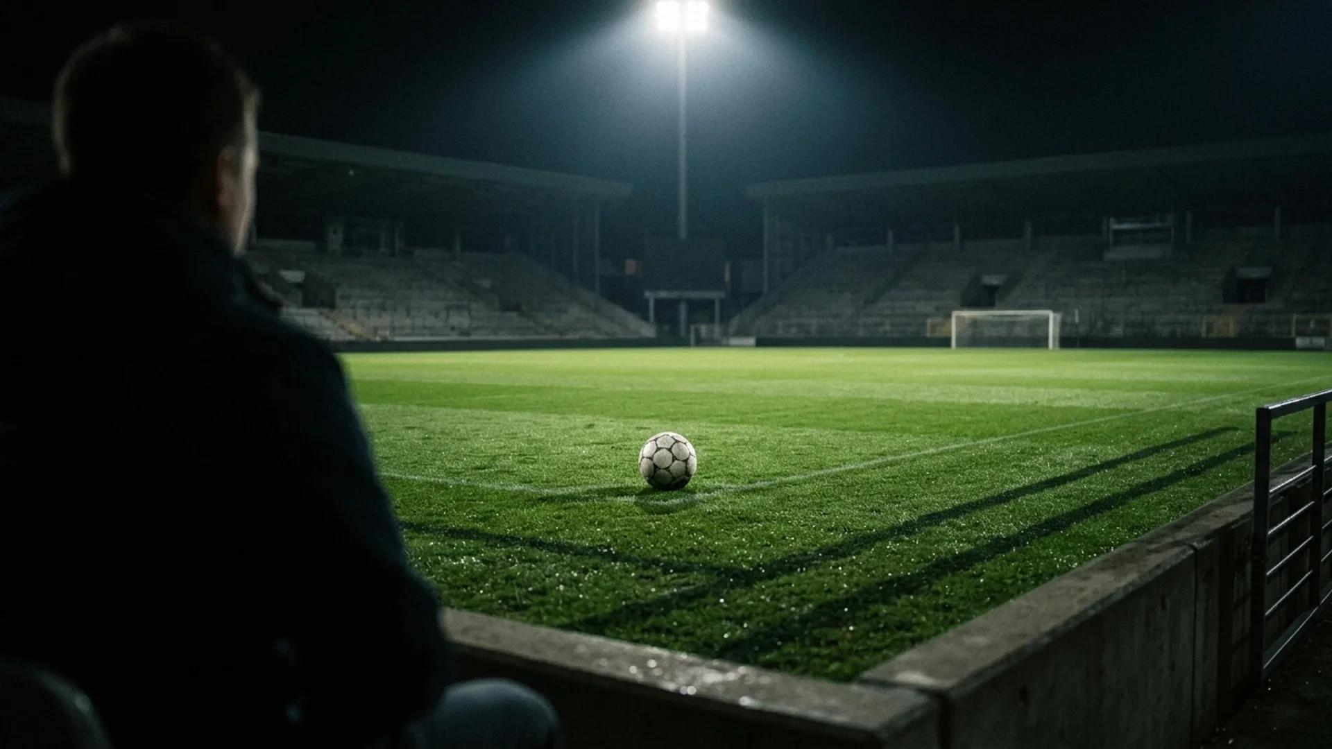 An over-the-shoulder view of a lone football on an empty pitch under a stark spotlight.