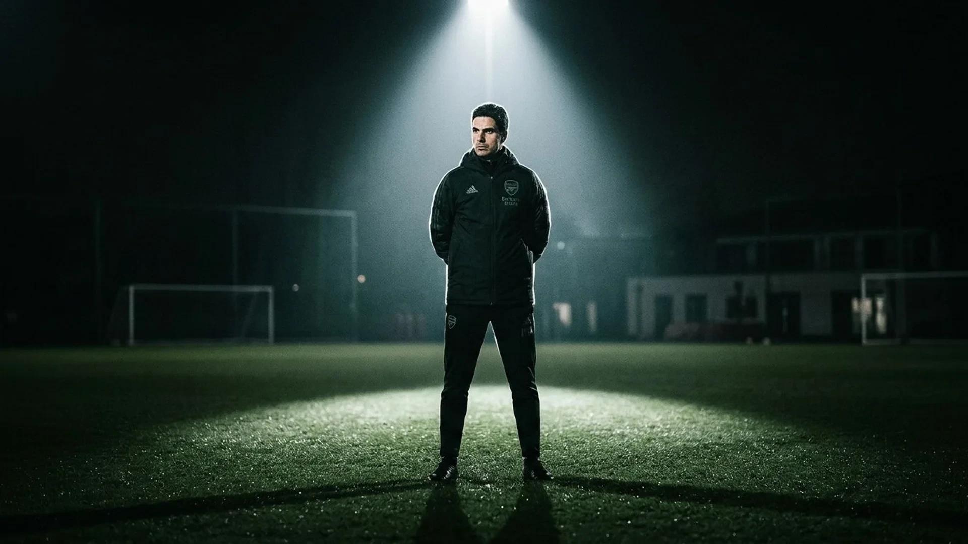 A dramatic low-angle view of Arsenal's manager illuminated by a spotlight in a dim training ground.