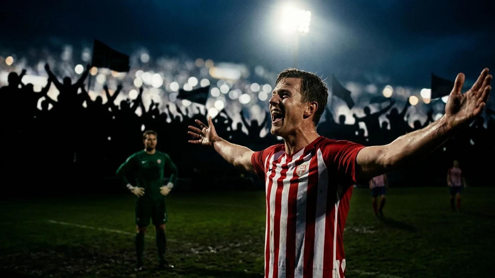Daniel Karlsbakk celebrating a goal against Viking in a high-contrast, dramatic setting.