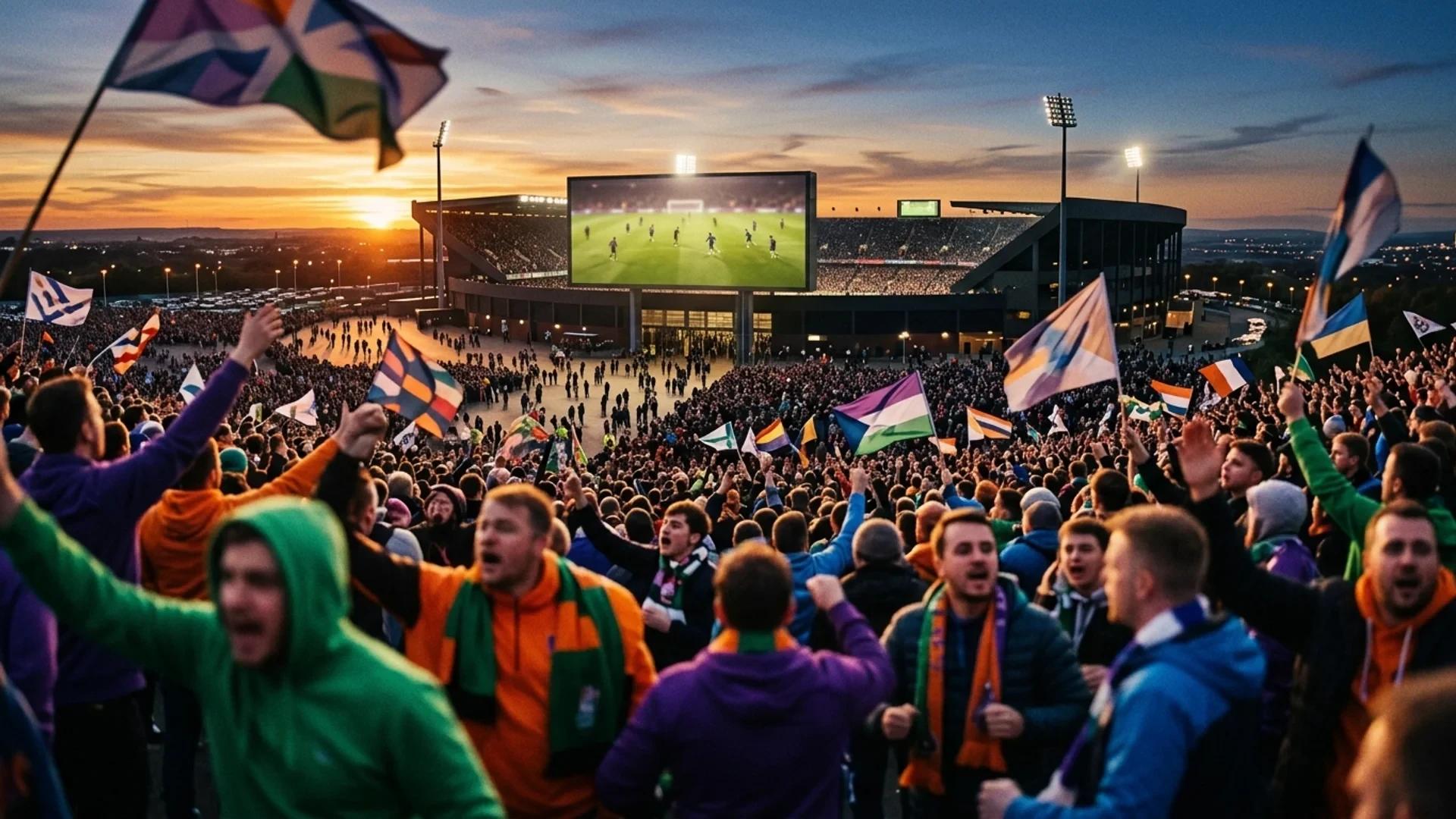 A wide shot of football supporters with blurred figures in the foreground watching a distant football practice under a twilight sky.