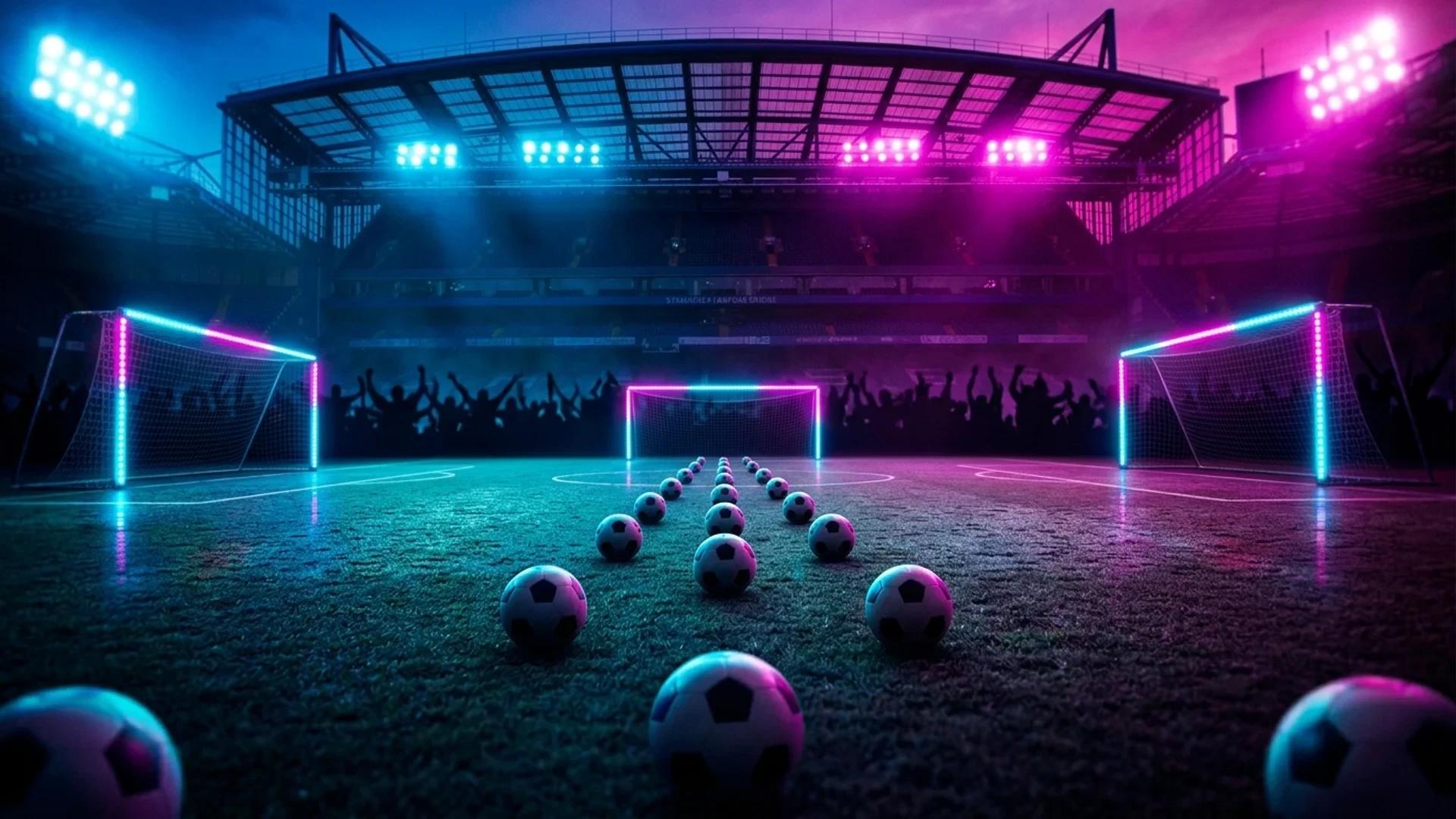 A dynamic view of an empty soccer pitch at Stamford Bridge under neon lights.