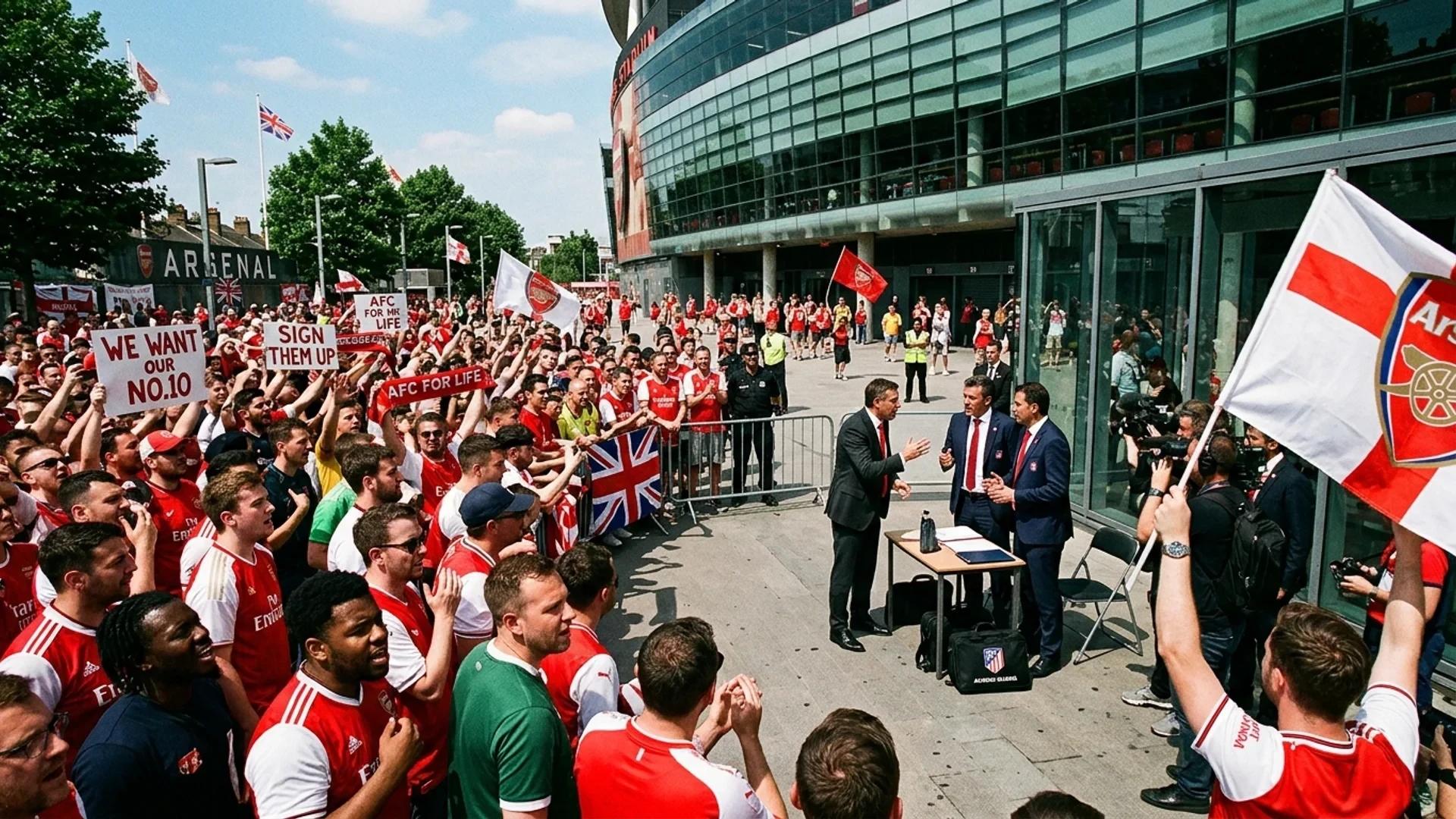 A wide shot of Arsenal fans and club officials negotiating outside the Emirates Stadium under harsh sunlight.