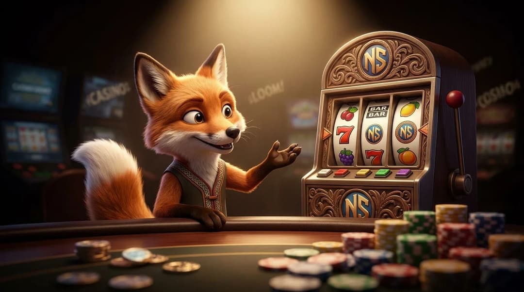 A close-up of a playful fox mascot at a casino table with a vintage slot machine.