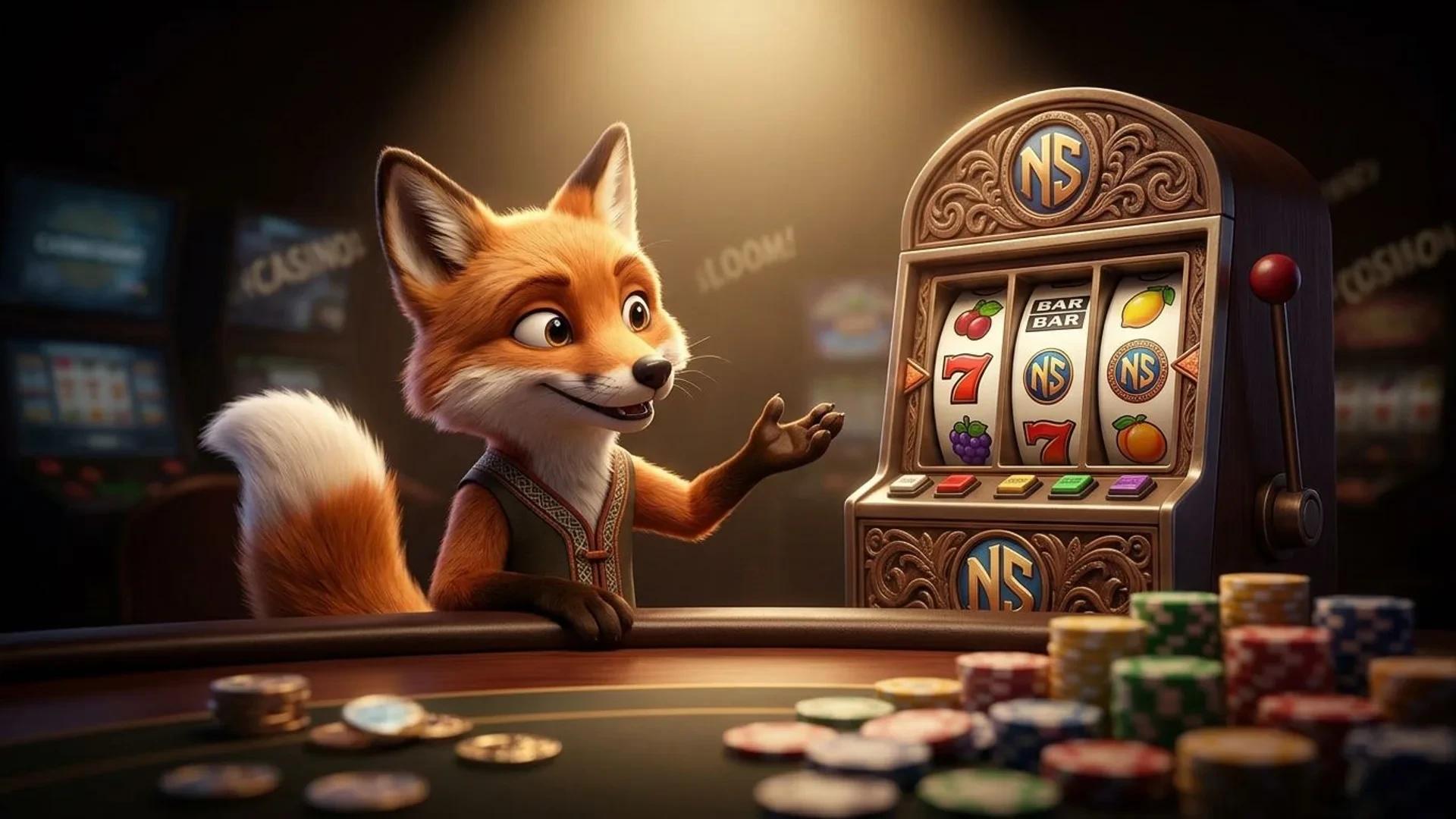 A close-up of a playful fox mascot at a casino table with a vintage slot machine.