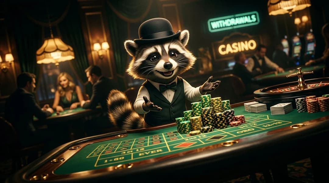 A cheerful raccoon mascot stands at a casino table, illustrating the process of pending withdrawals in online casinos.