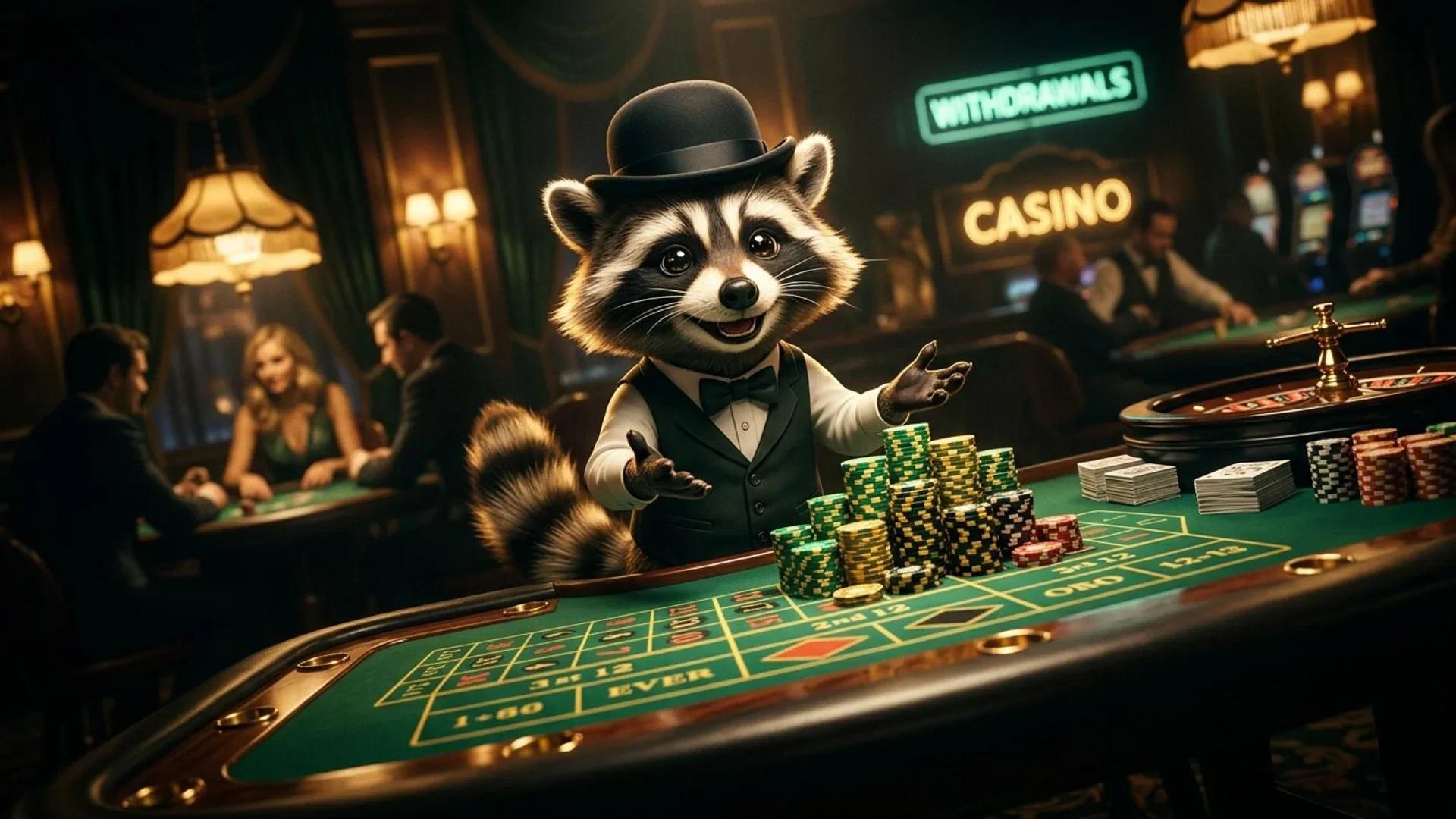 A cheerful raccoon mascot stands at a casino table, illustrating the process of pending withdrawals in online casinos.