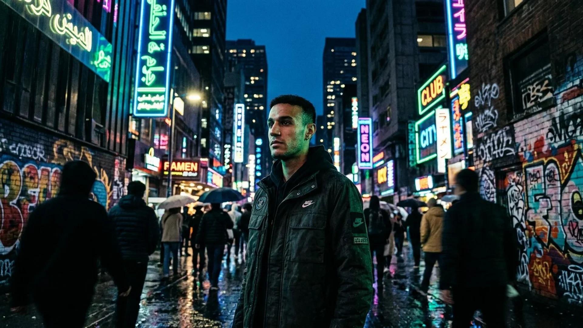 En ung fotballspiller står i en urban setting opplyst av neonlys, med bygninger som rager over ham.
