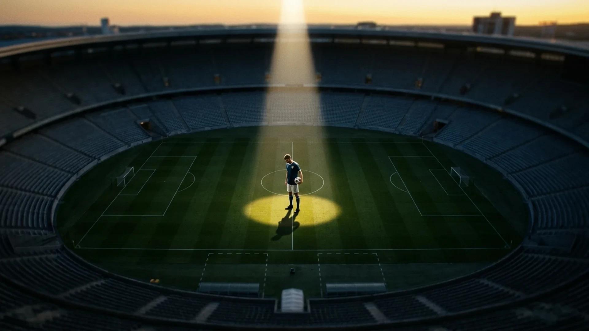 A bird's-eye view of a football player standing alone on a pitch under a spotlight.
