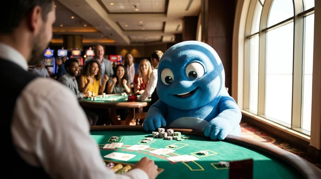 A blue mascot from NordicSpins stands at a casino table with chips and cards, engaging with the game.