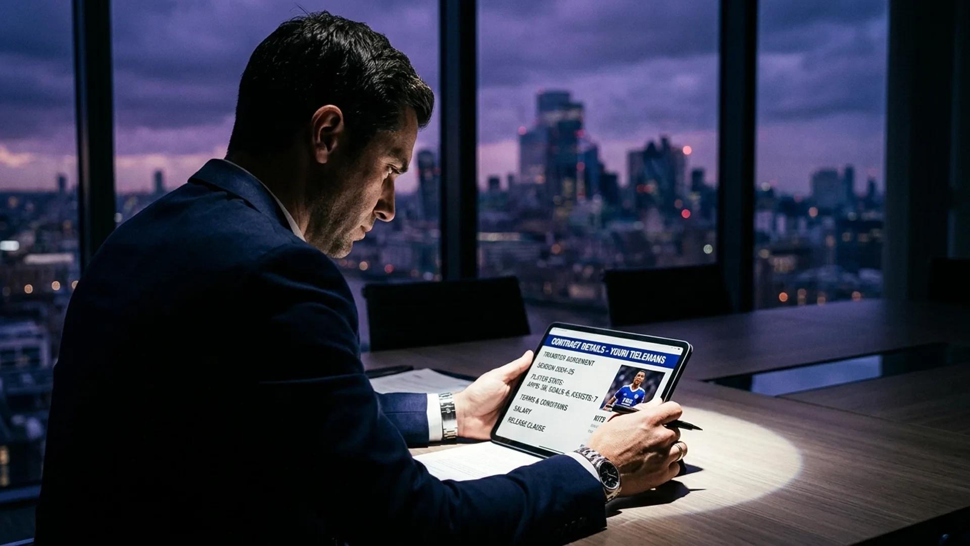 En nærbilde av en sportsagent som gjennomgår dokumenter med et lysfokus på en digital enhet.