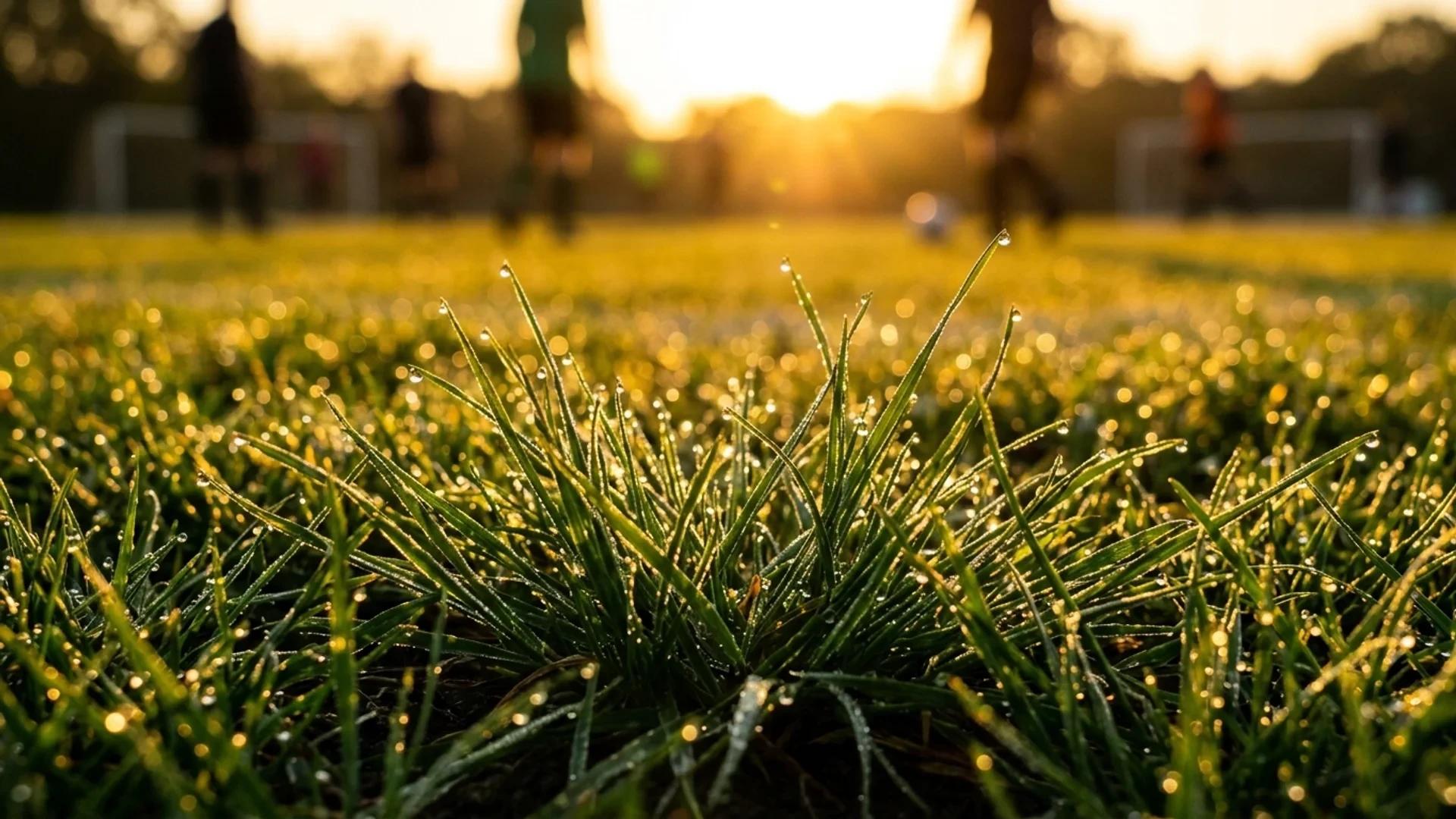 Extreme close-up of a dewy football pitch with a warm golden sunrise.