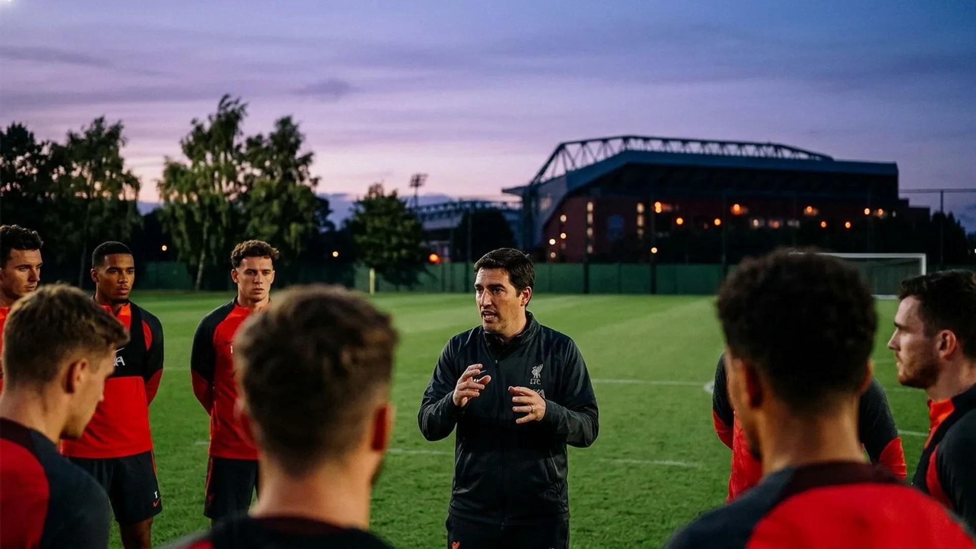Liverpool's manager Andoni Iraola addresses his team during blue hour on the training pitch.