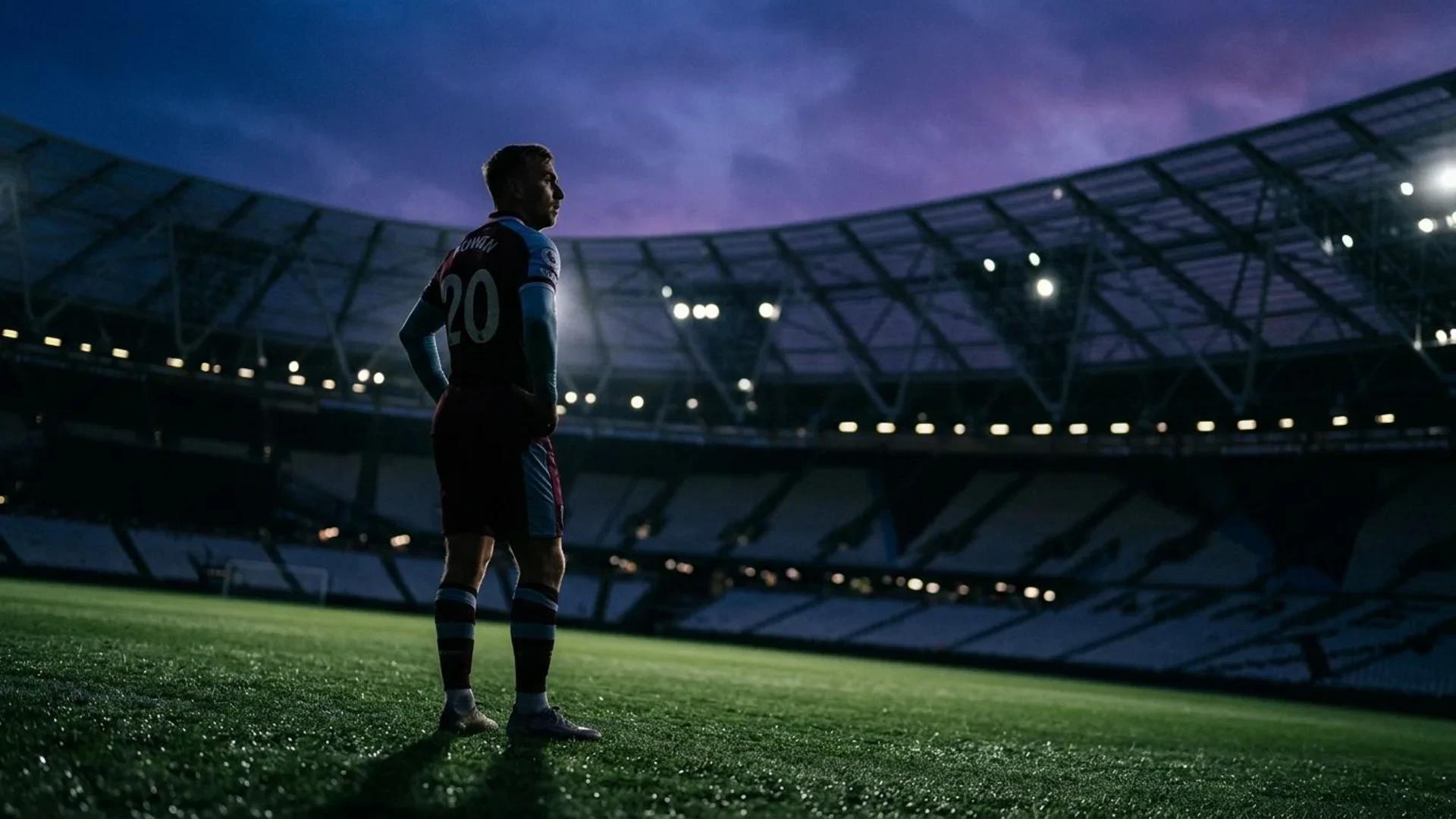 A football player stands in silhouette against a blue dusk sky, looking determined.