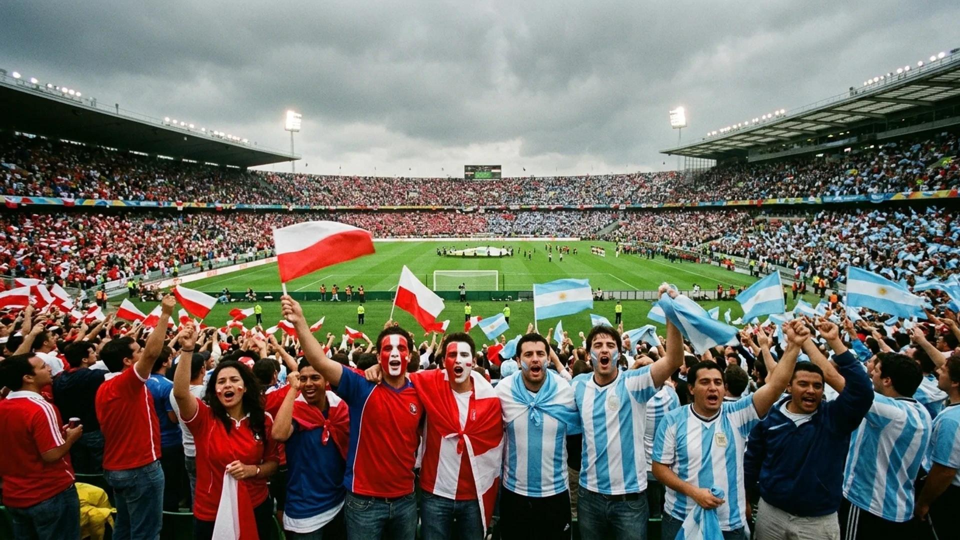 Crowd of soccer fans cheering in a stadium under an overcast sky.
