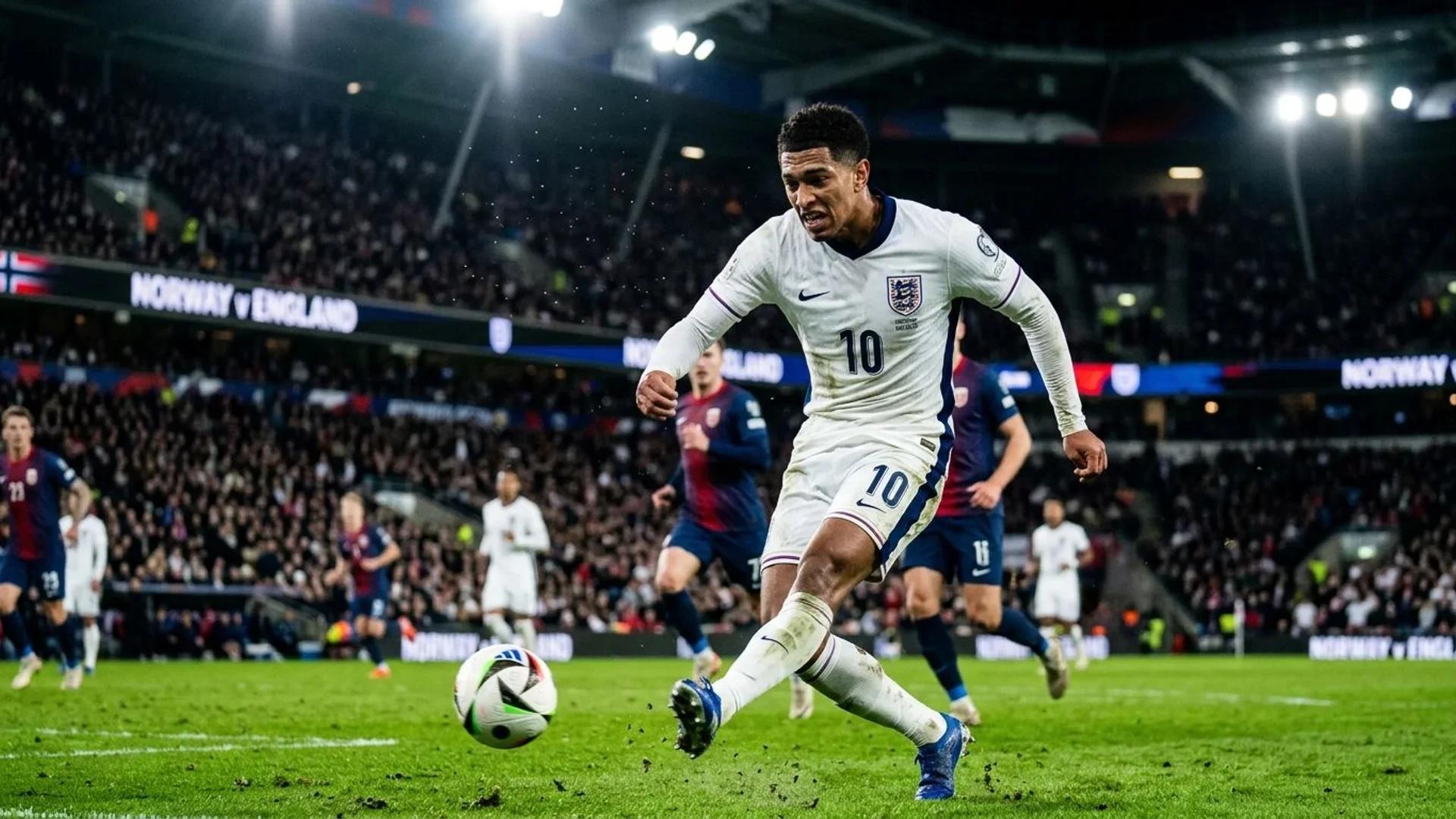 Jude Bellingham in motion during the FIFA World Cup 2026 match against Norway.