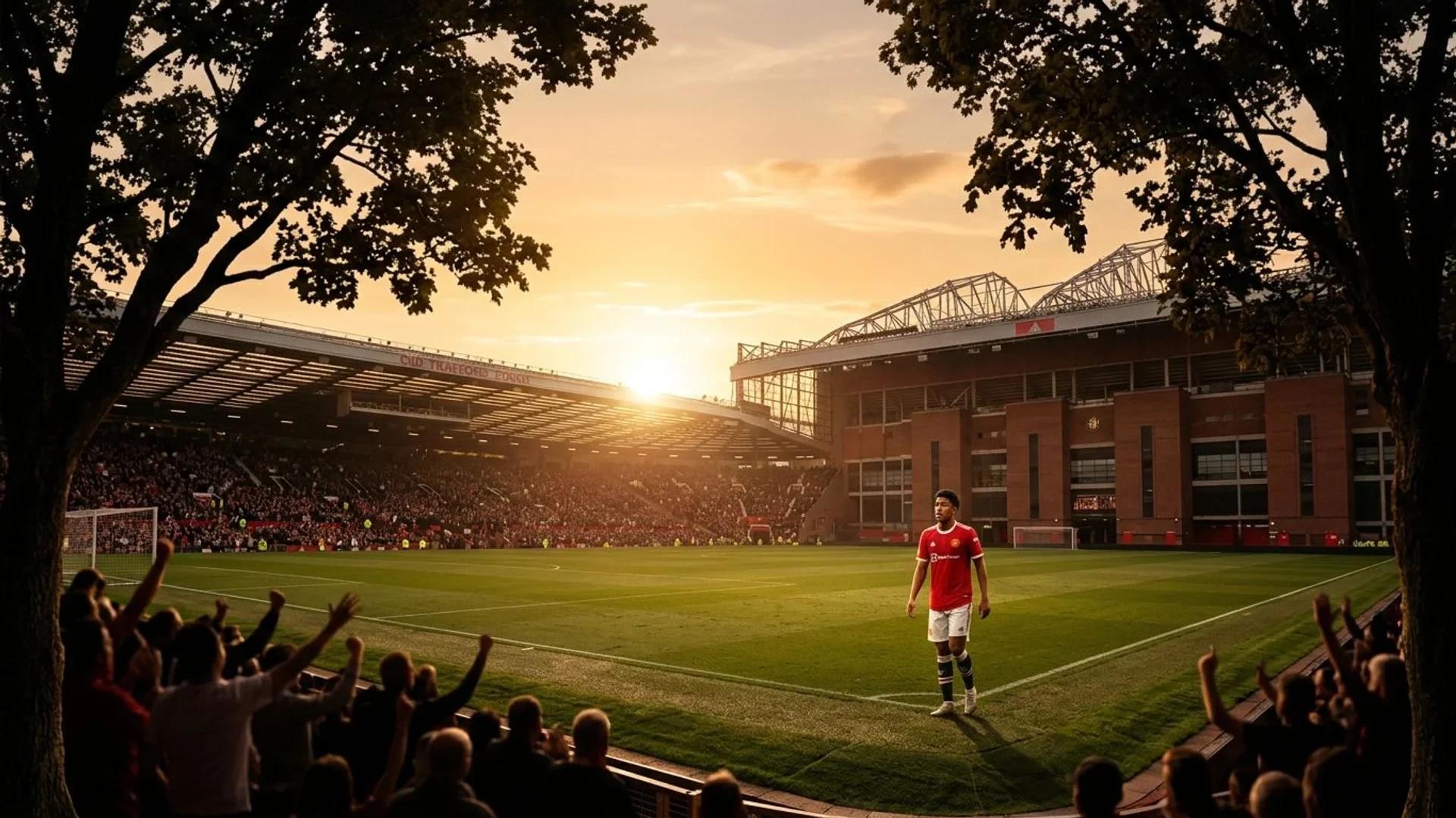 En fotballspiller i Manchester United-drakt står på en stadion under solnedgang.