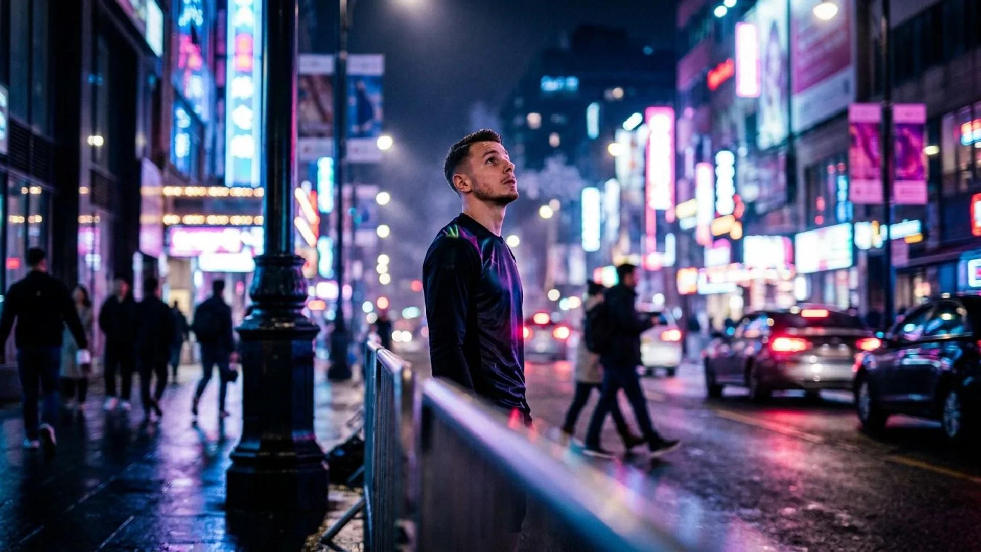 A low-angle view of Lucas Digne illuminated by neon lights in an urban night scene.