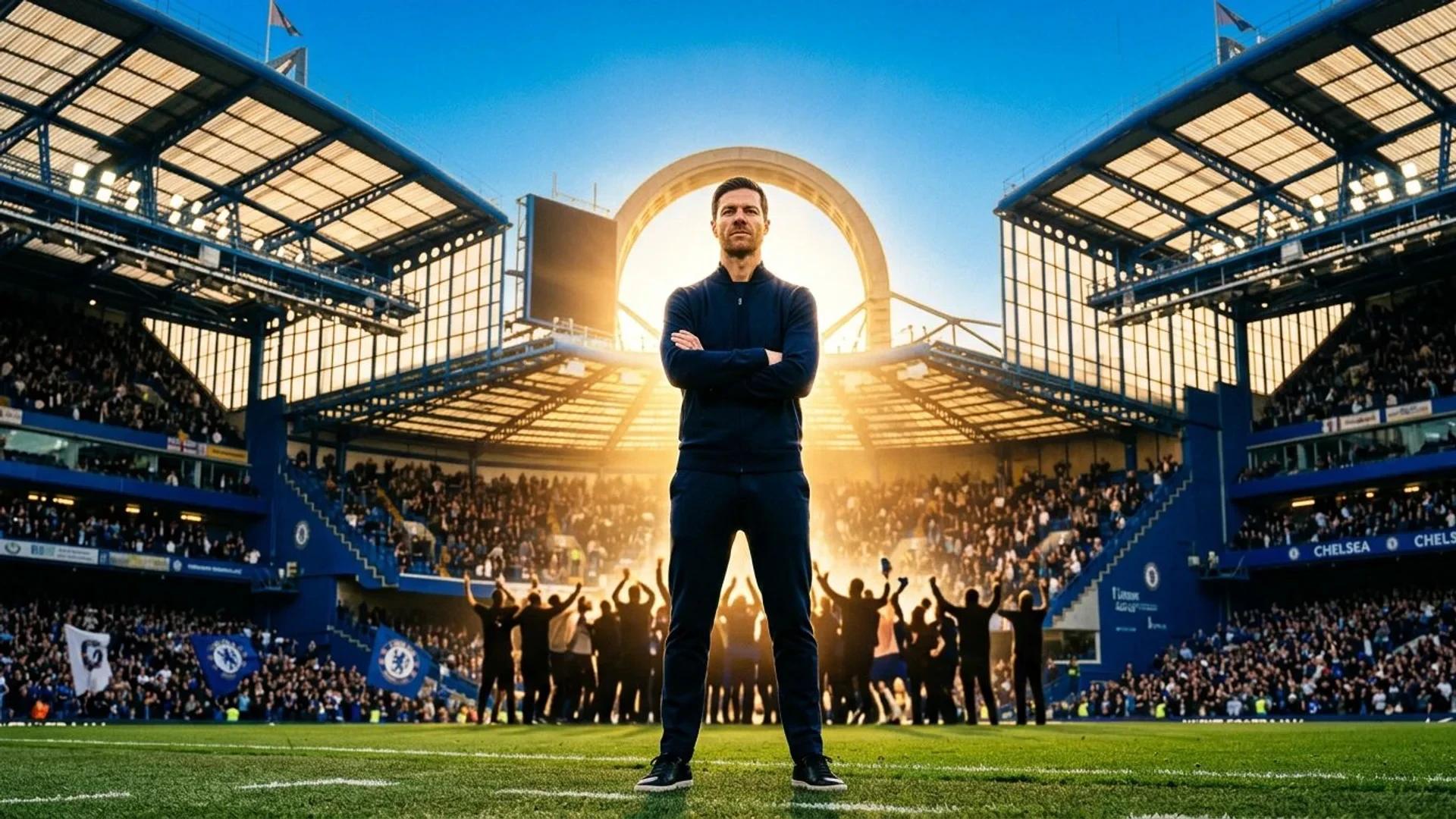 Xabi Alonso standing confidently at Stamford Bridge during golden hour.