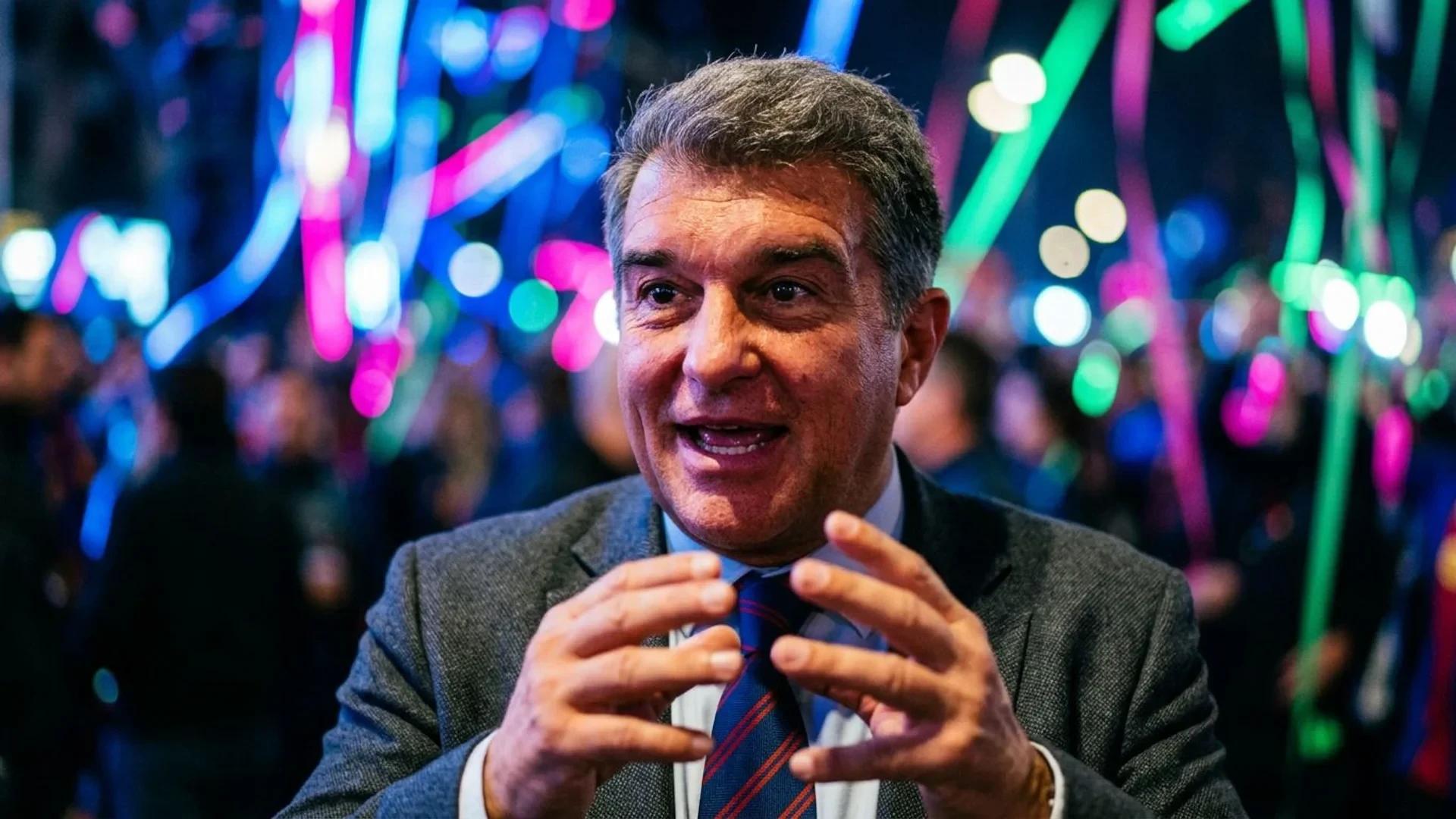 Close-up of Joan Laporta expressing enthusiasm about Messi's World Cup performance.