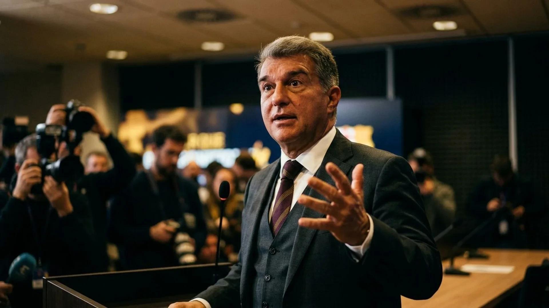 A close-up of Joan Laporta in a press room, speaking with emotion about Lionel Messi.
