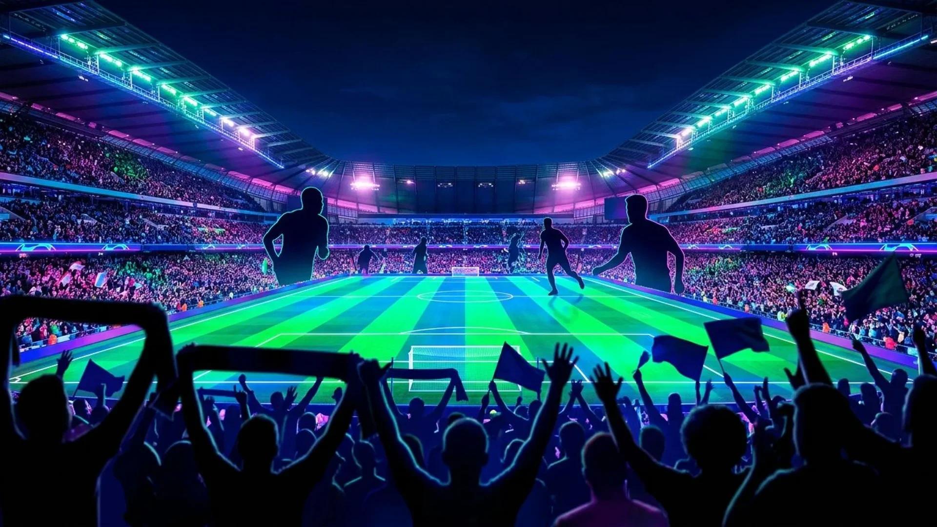 A wide view of a vibrant football stadium filled with excited fans and illuminated by neon lights.