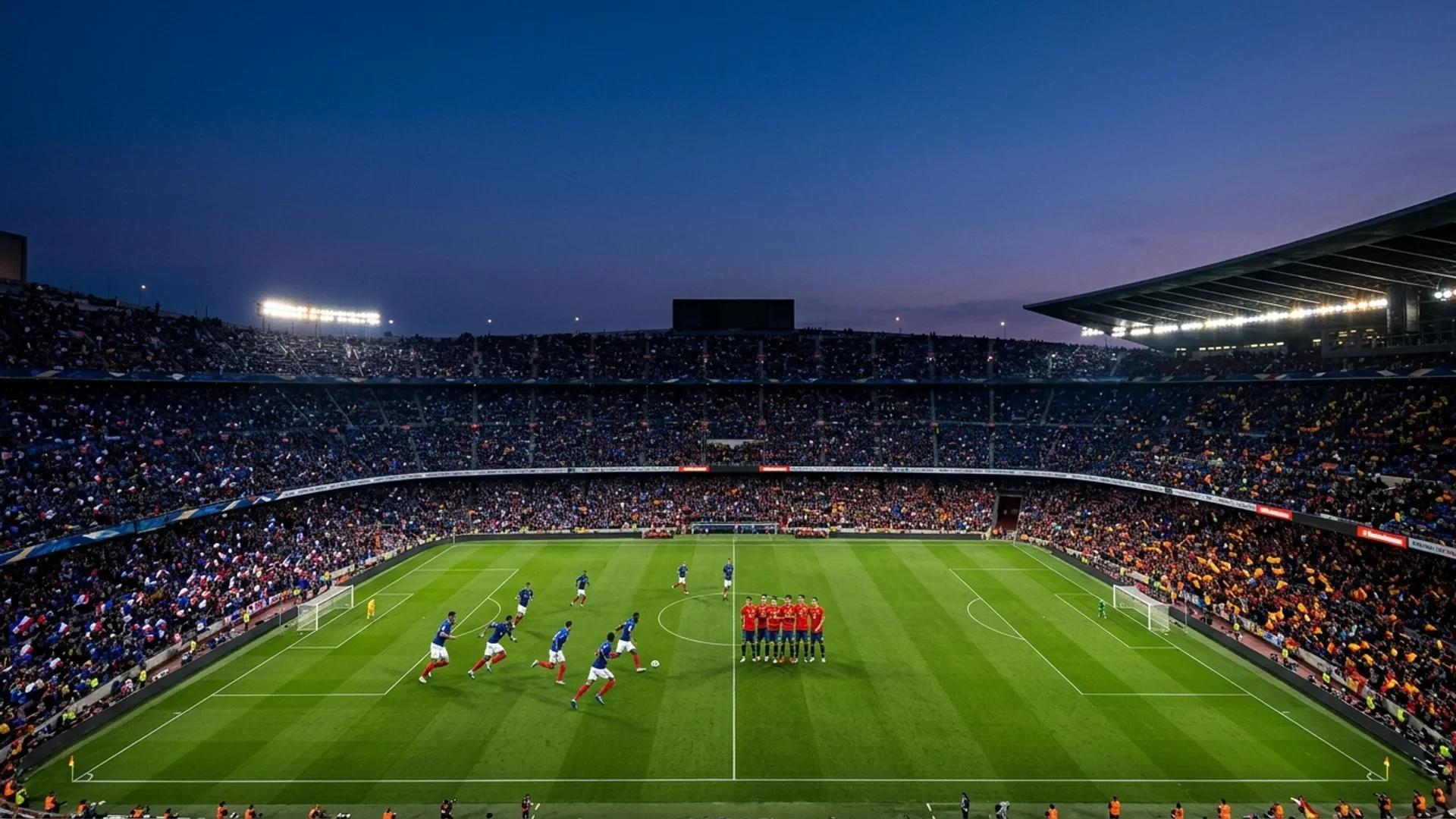 A bird's-eye view of a football match between France and Spain during dusk.