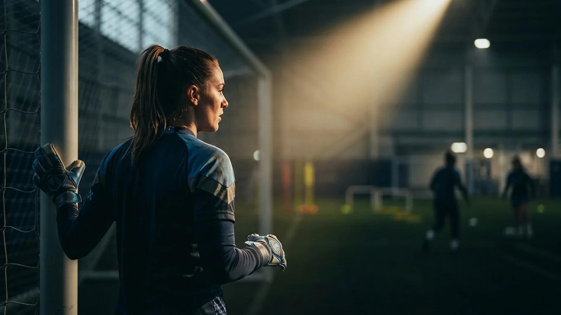 Khiara Keating stands at a goalpost in a dimly lit training facility, illuminated by a single spotlight, showcasing a moment of contemplation before her transfer.