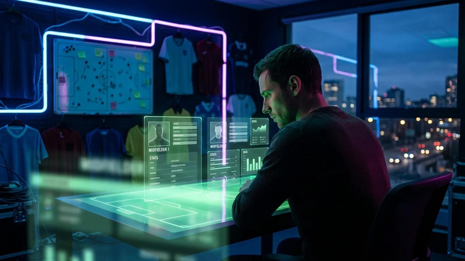 A football analyst gazing at a holographic display of player statistics with neon lighting in a dark room.