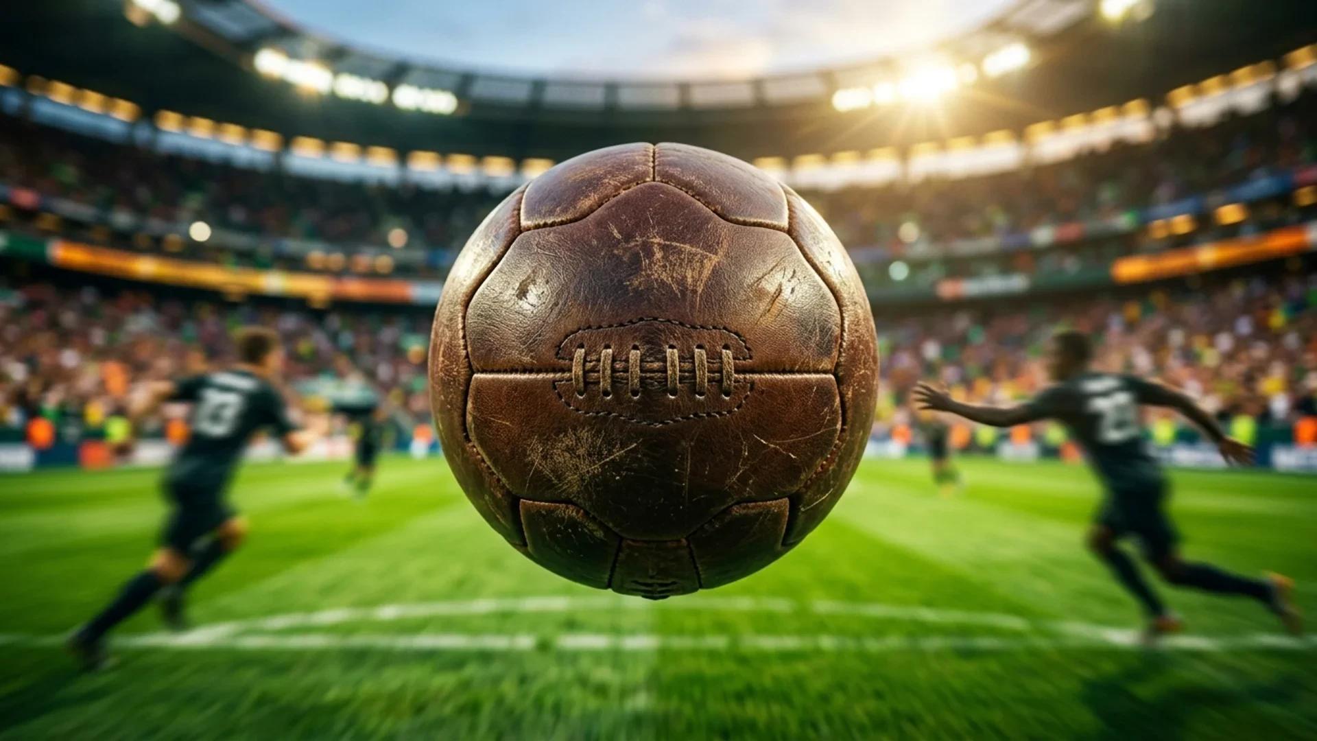 En nærbilde av en fotball i luften med en uskarp bakgrunn av en fotballbane.