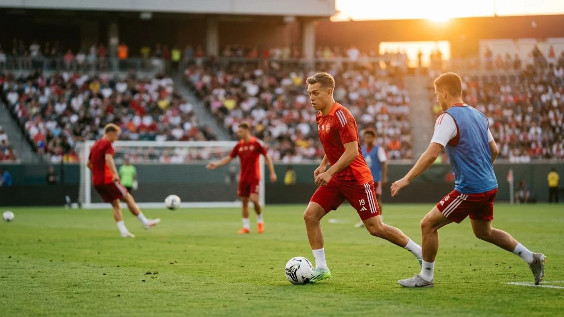Leandro Trossard practices dribbling on a soccer field during sunset.