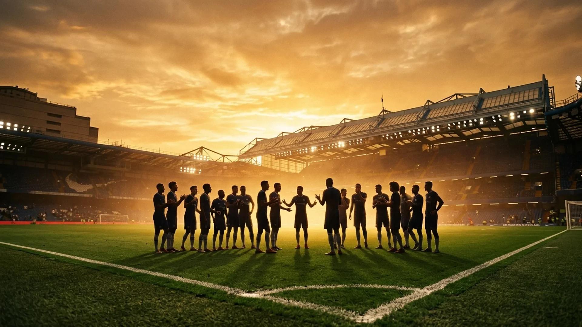 Chelsea players silhouetted against a golden sunset at Stamford Bridge.