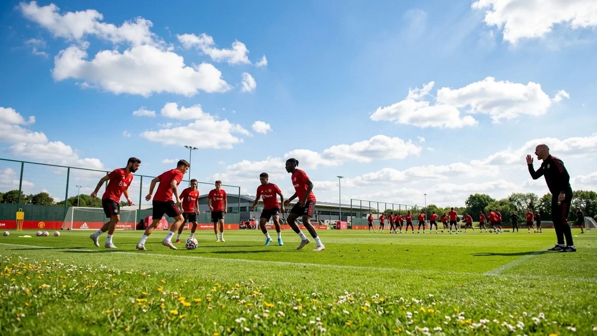 En vidvinkel av Manchester United-spillere som trener på treningsfeltet.