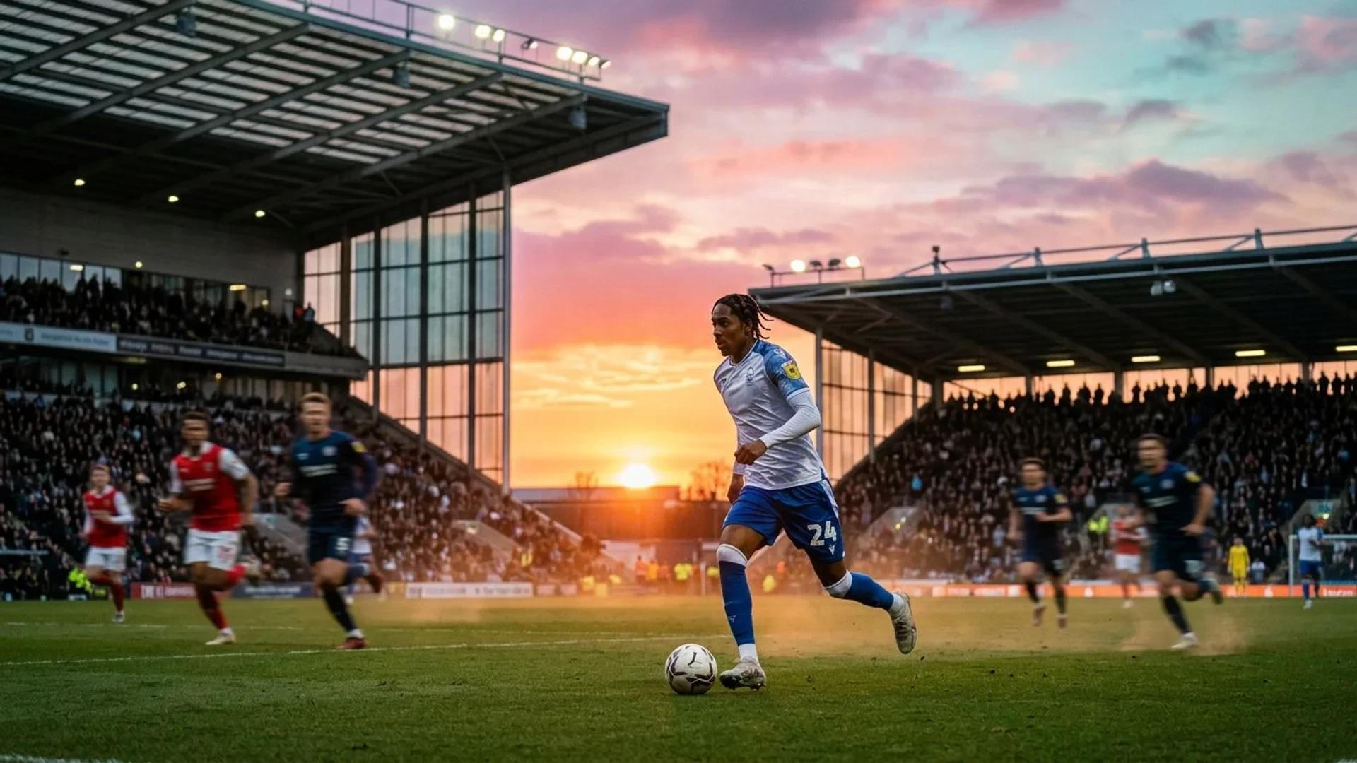 Djed Spence dribler med fotball under solnedgang.