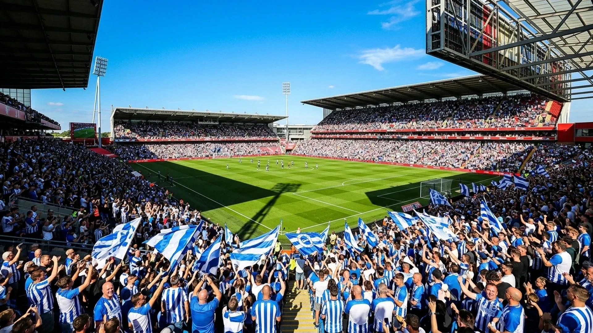 A wide shot of a soccer stadium filled with cheering fans celebrating a player's record transfer.