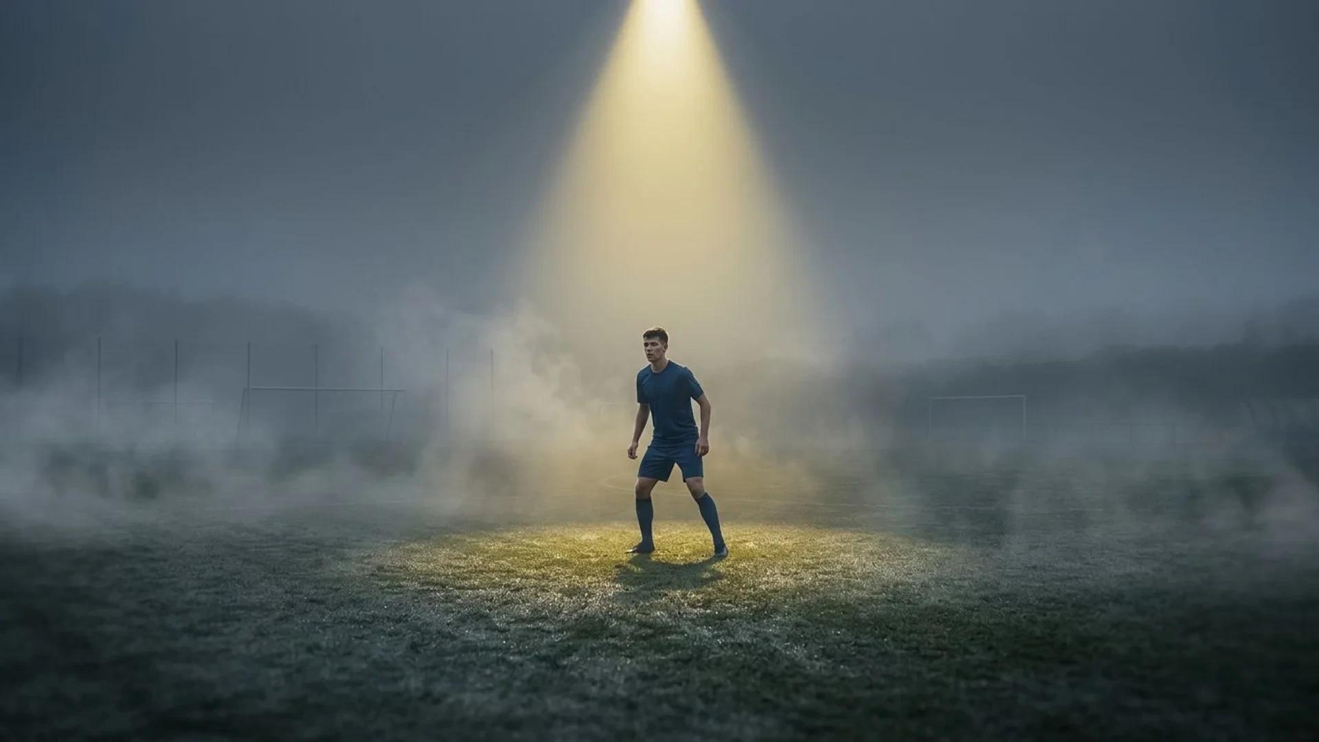 A young football player stands in a misty training ground, spotlighted against a blurred background.