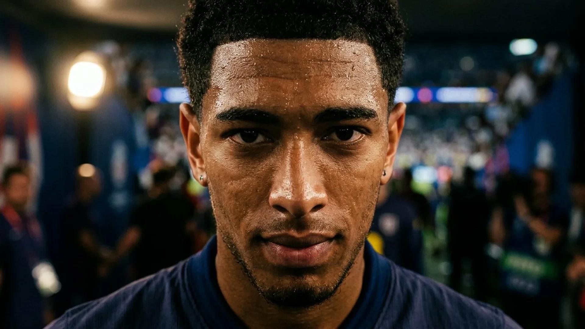 Close-up of Jude Bellingham's intense expression during a football match preparation.