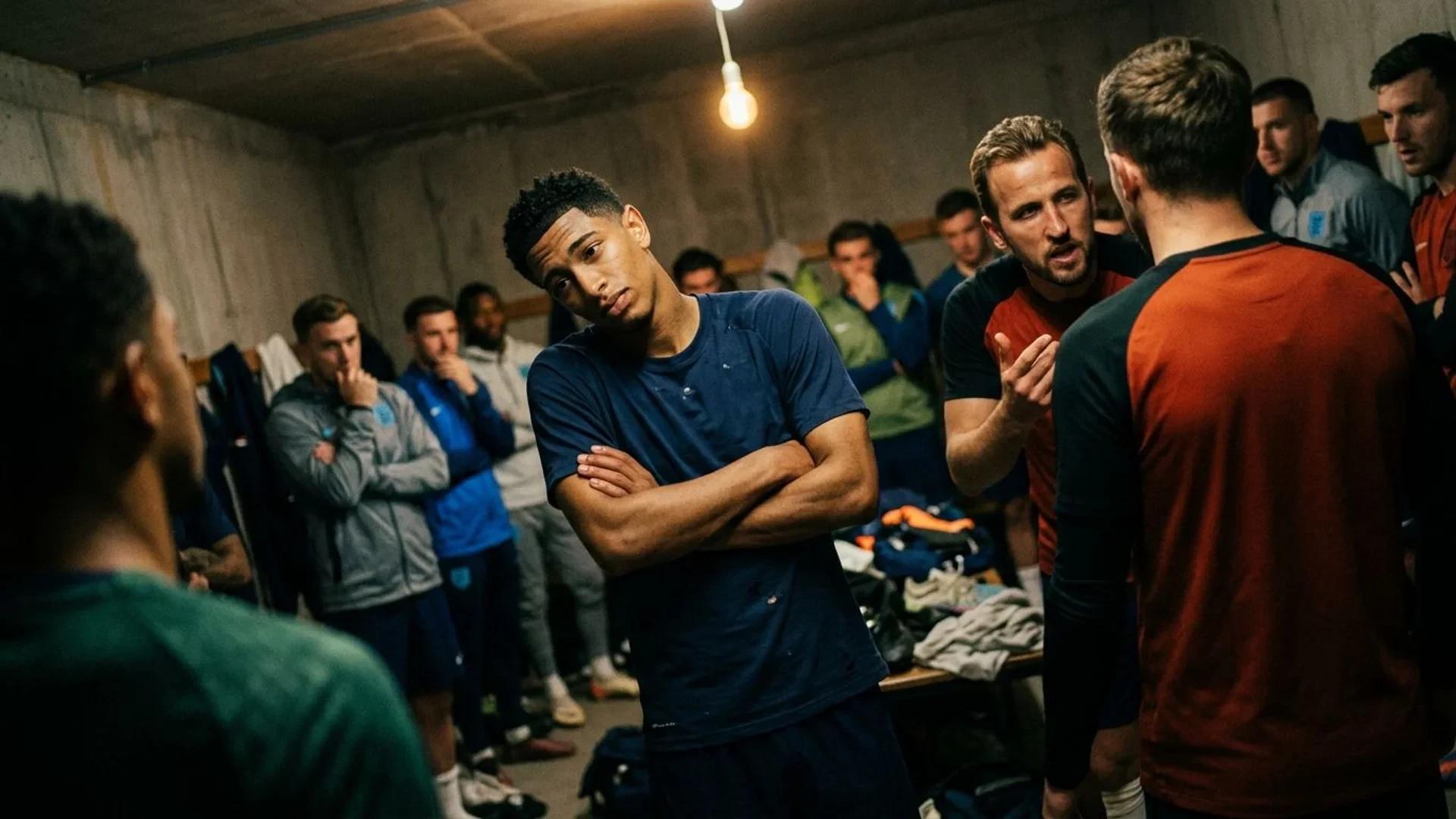 A tense moment in a football team's dressing room before a World Cup match, capturing players in a candid and dramatic setting.