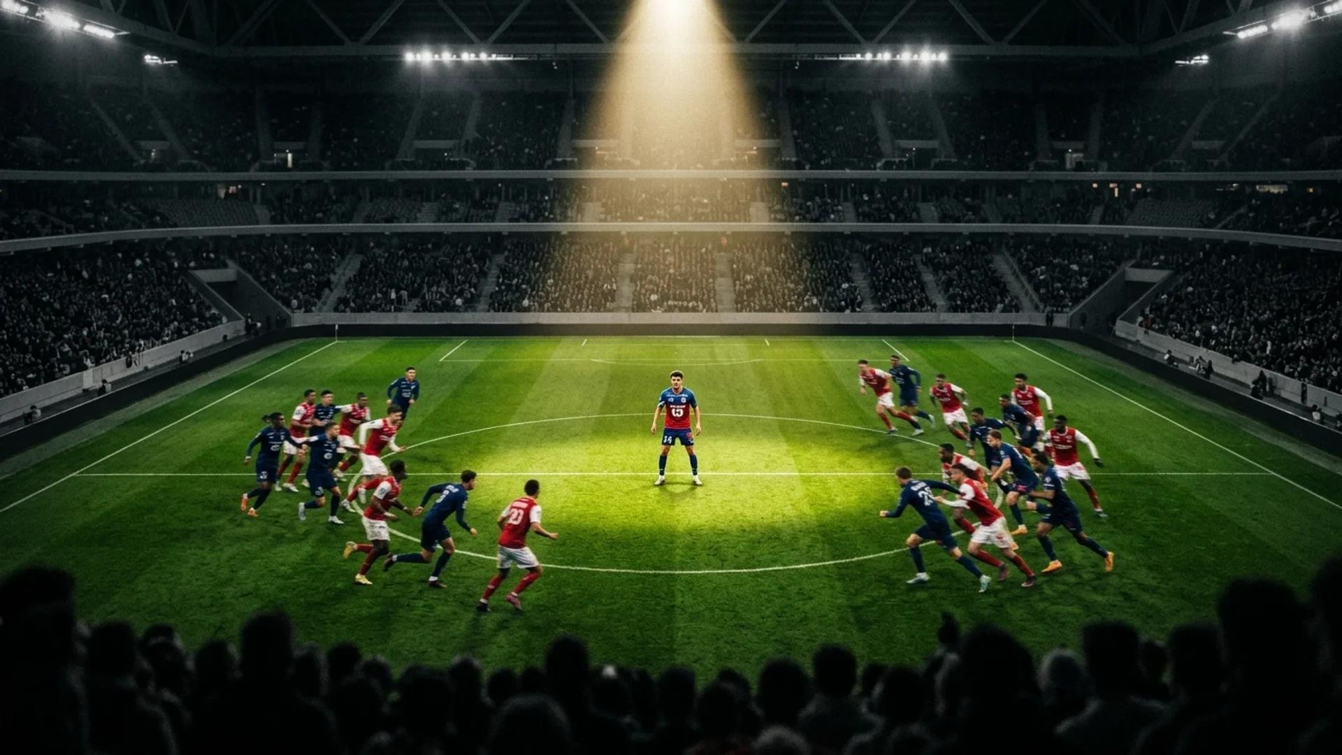 En ung fotballspiller står under en lysstråle på en fotballbane med uskarpe spillere og publikum rundt.