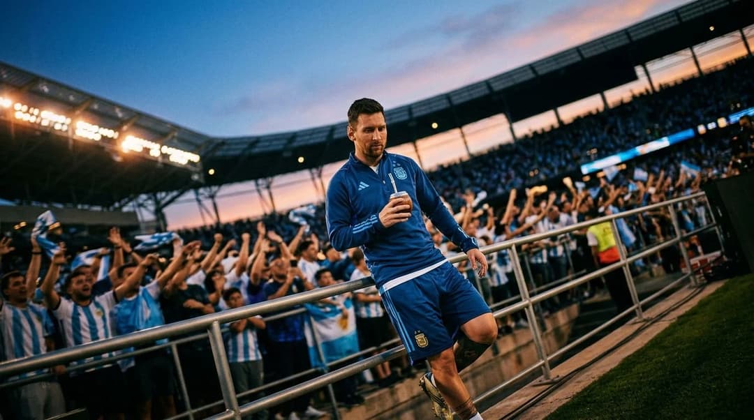 Lionel Messi reflecting before a match in a stadium with cheering fans in the background.