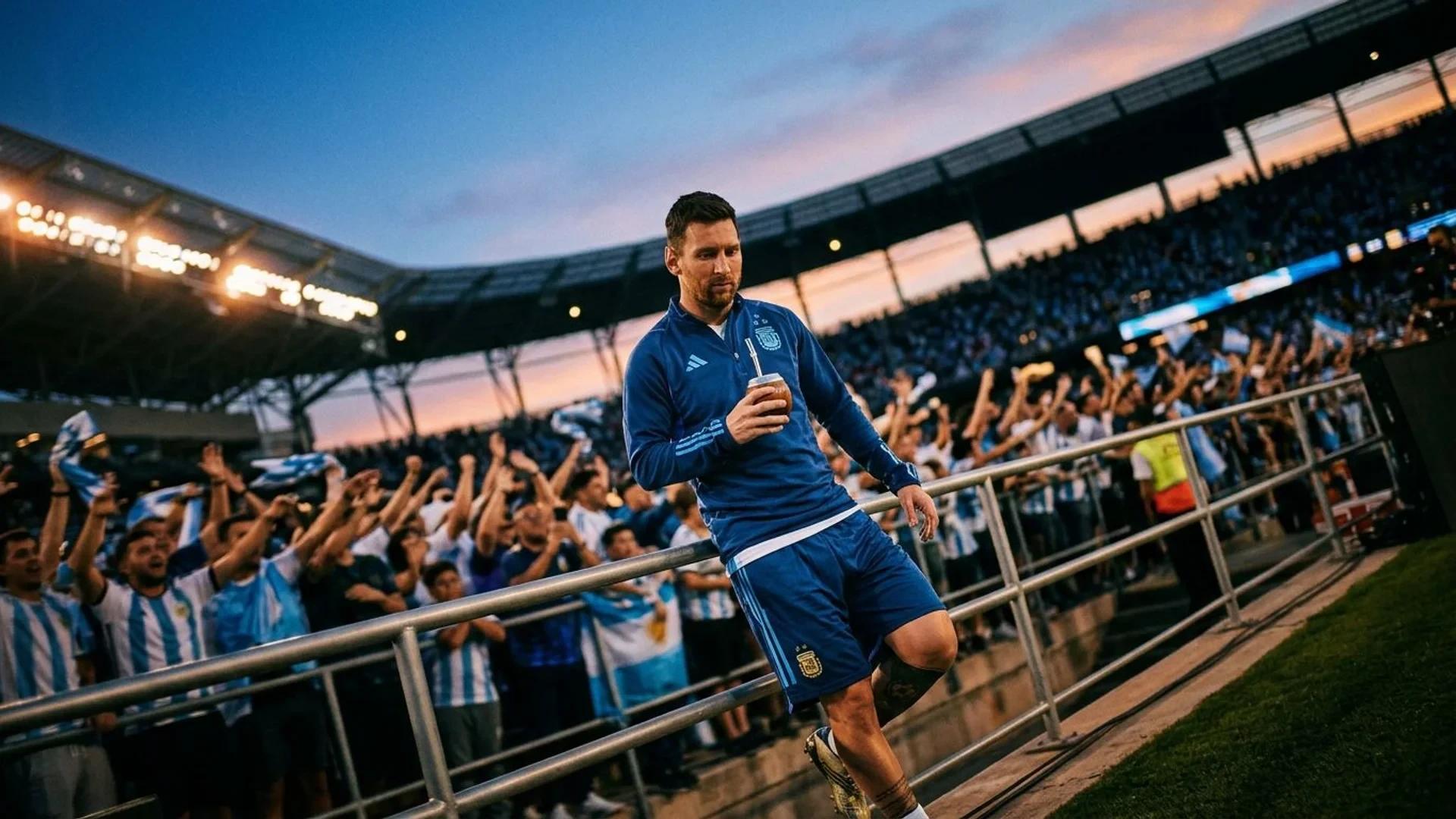 Lionel Messi reflecting before a match in a stadium with cheering fans in the background.