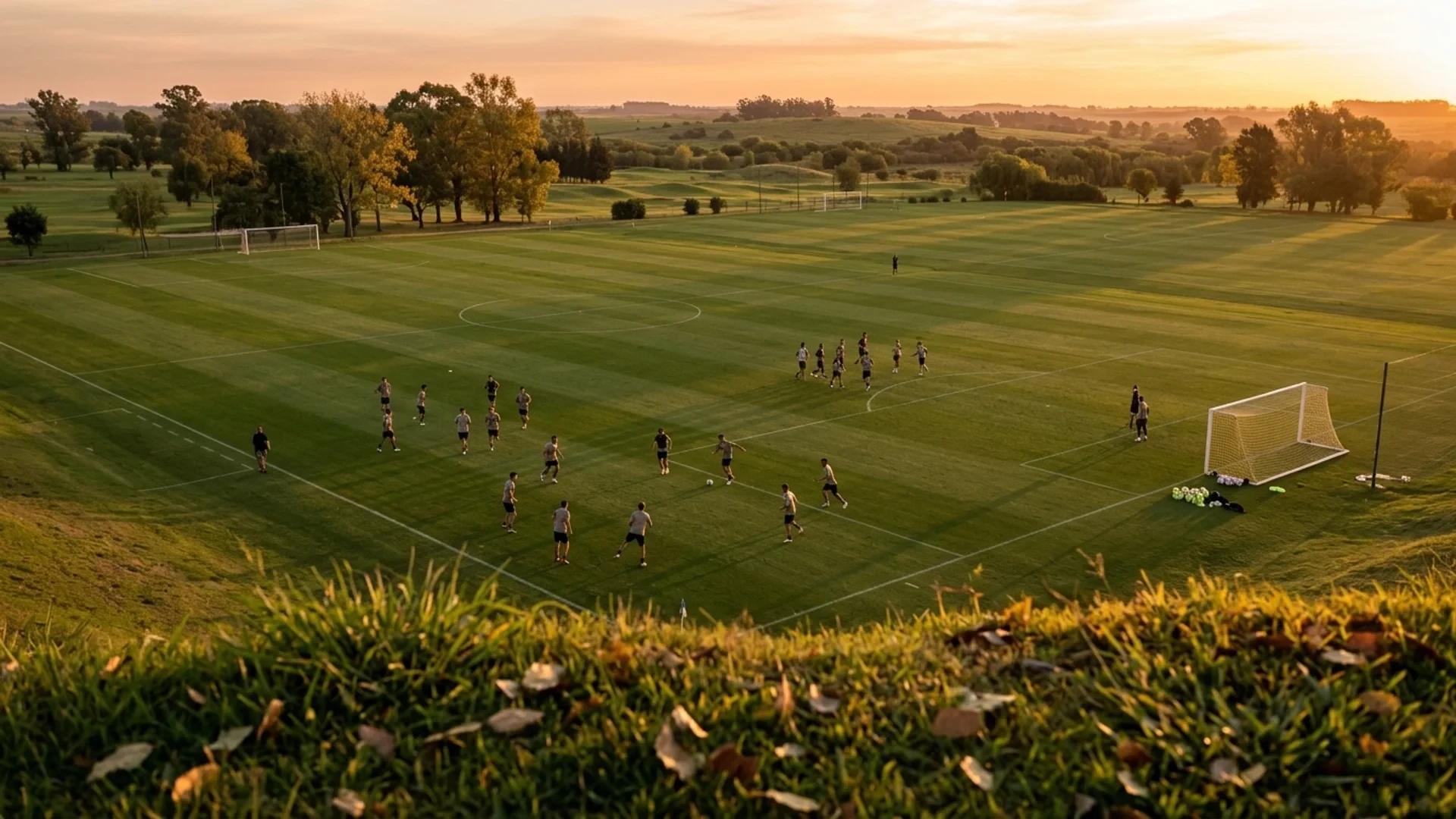 Aerial view of a football pitch during golden hour, with players practicing in the distance and yerba maté leaves in the foreground.
