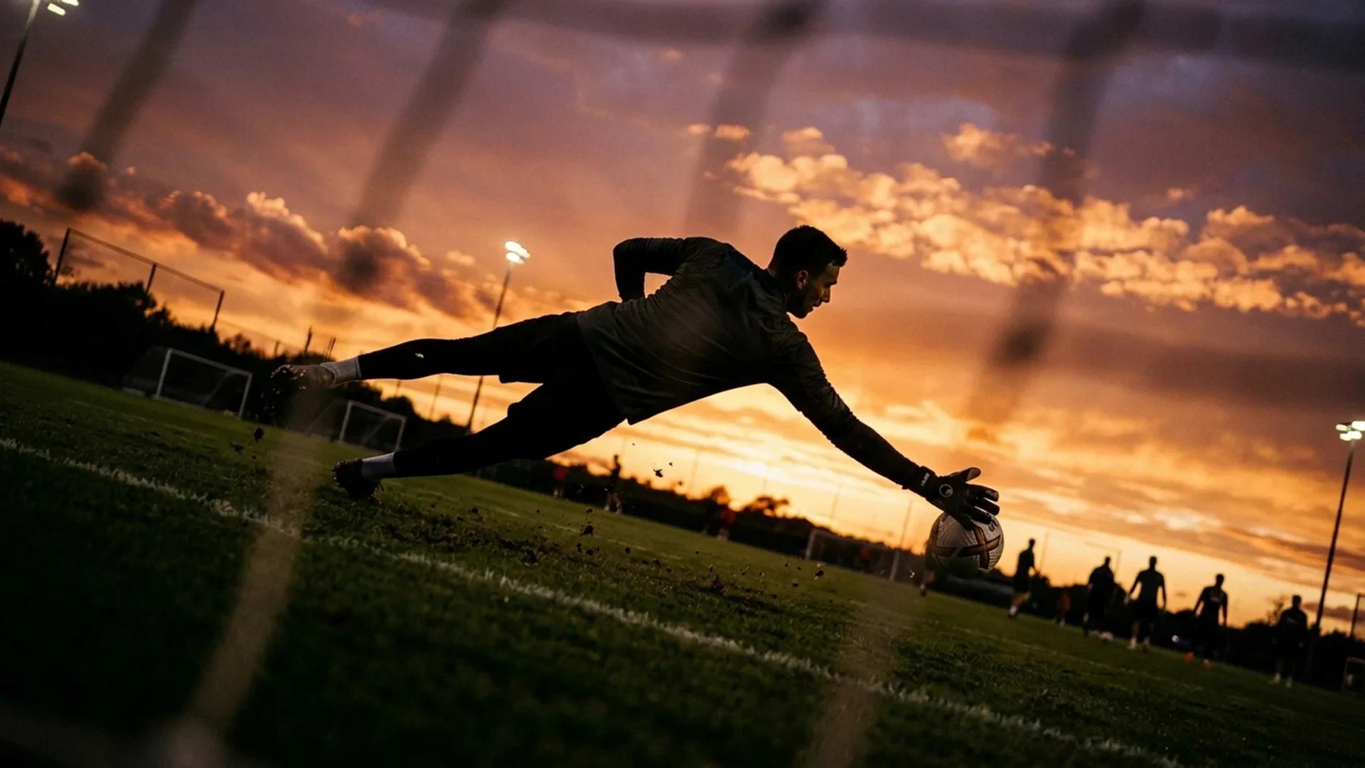 A goalkeeper performs a diving save at sunset on a training pitch.
