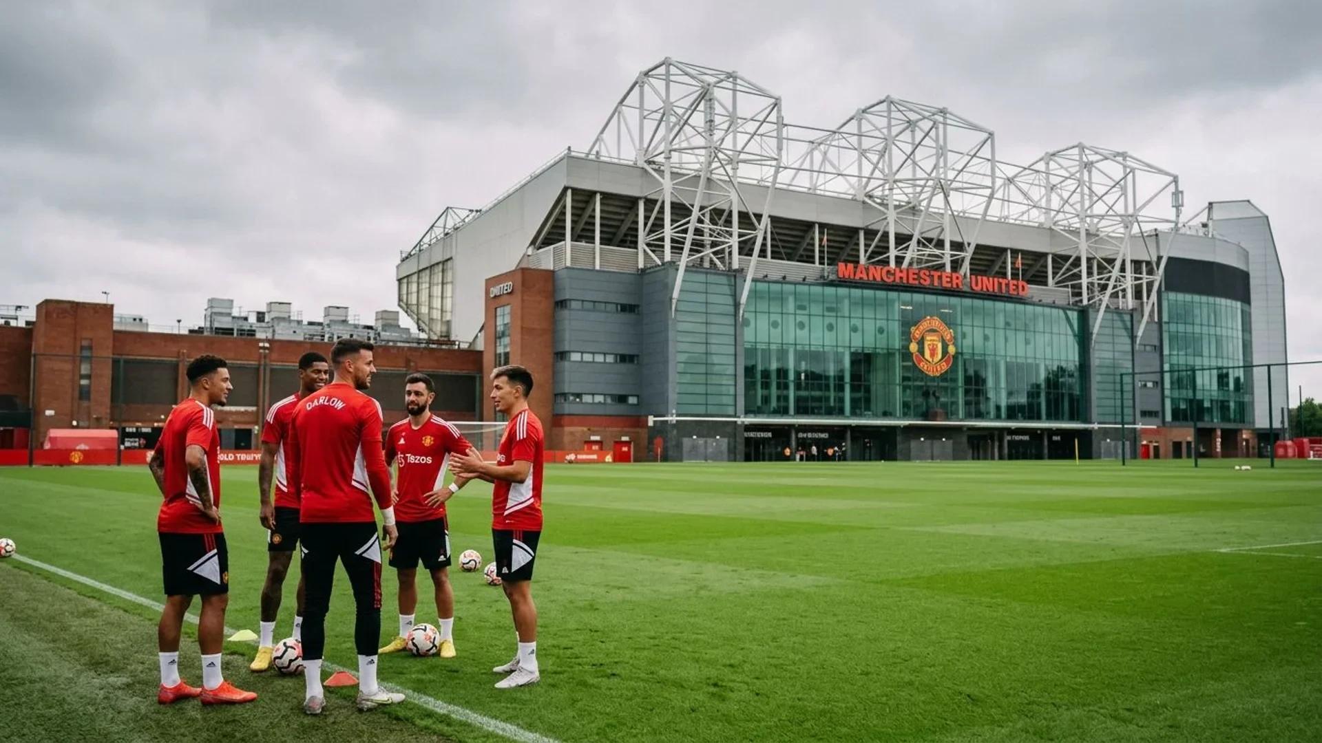 Fotballspillere trener på Old Trafford under en grå himmel.
