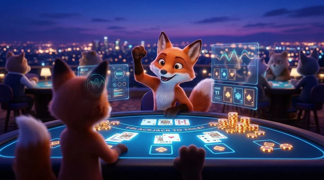 A cartoon fox mascot at a digital card table in a casino during blue hour, engaging in an online blackjack game.