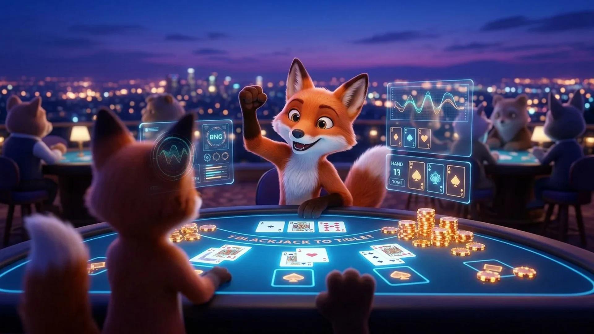 A cartoon fox mascot at a digital card table in a casino during blue hour, engaging in an online blackjack game.